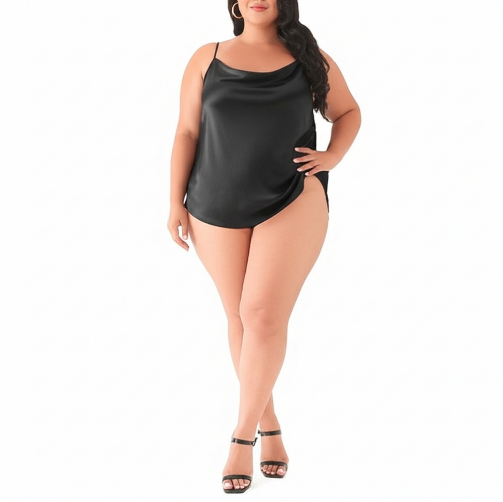 Satin Sleeveless Cowl Neck Whimsy Spaghetti Strap Camisole Tank Top Black 2XL